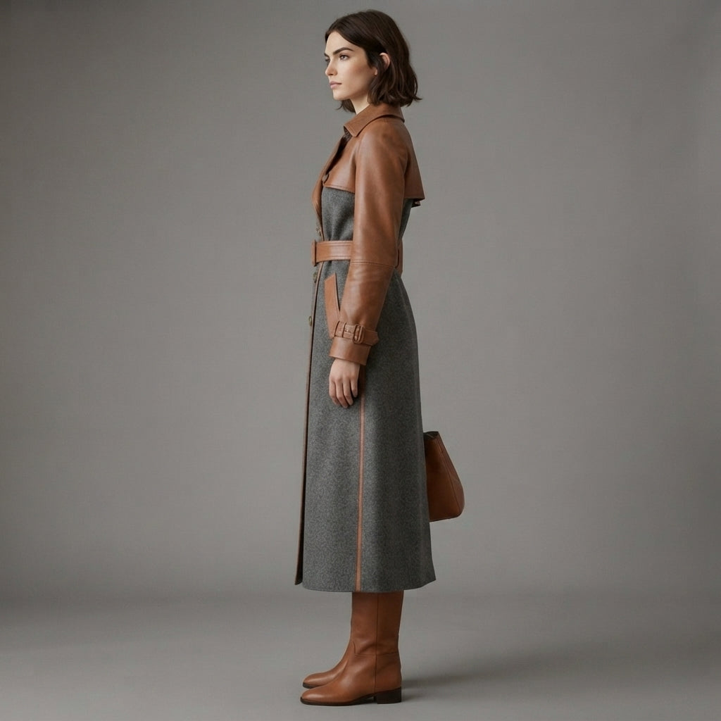 Women's Wool Leather Long Coat - Left