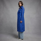 Women's Blue PU Leather Trench Coat - Left