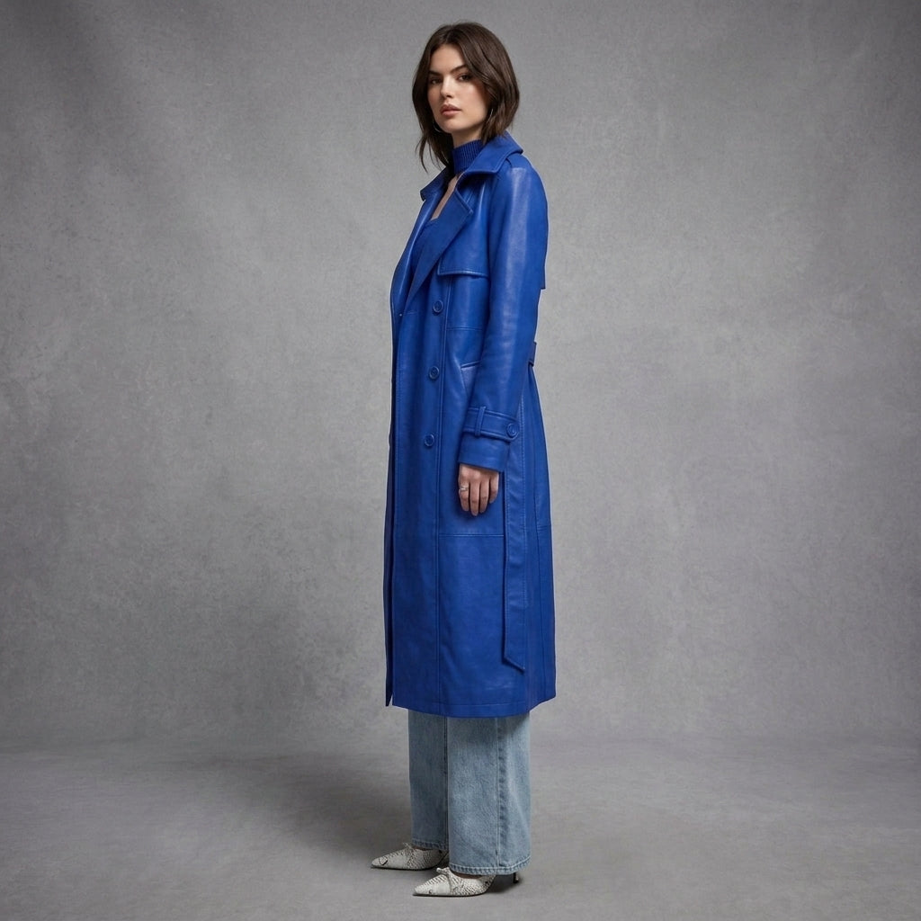 Women's Blue PU Leather Trench Coat - Left