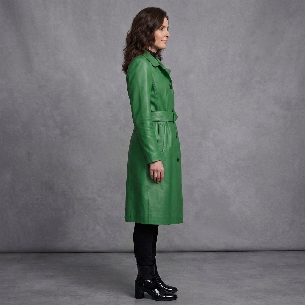 Women's Green Real Lambskin Leather Coat - Left