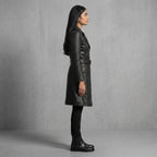Women's Black Leather Trench Coat - Left