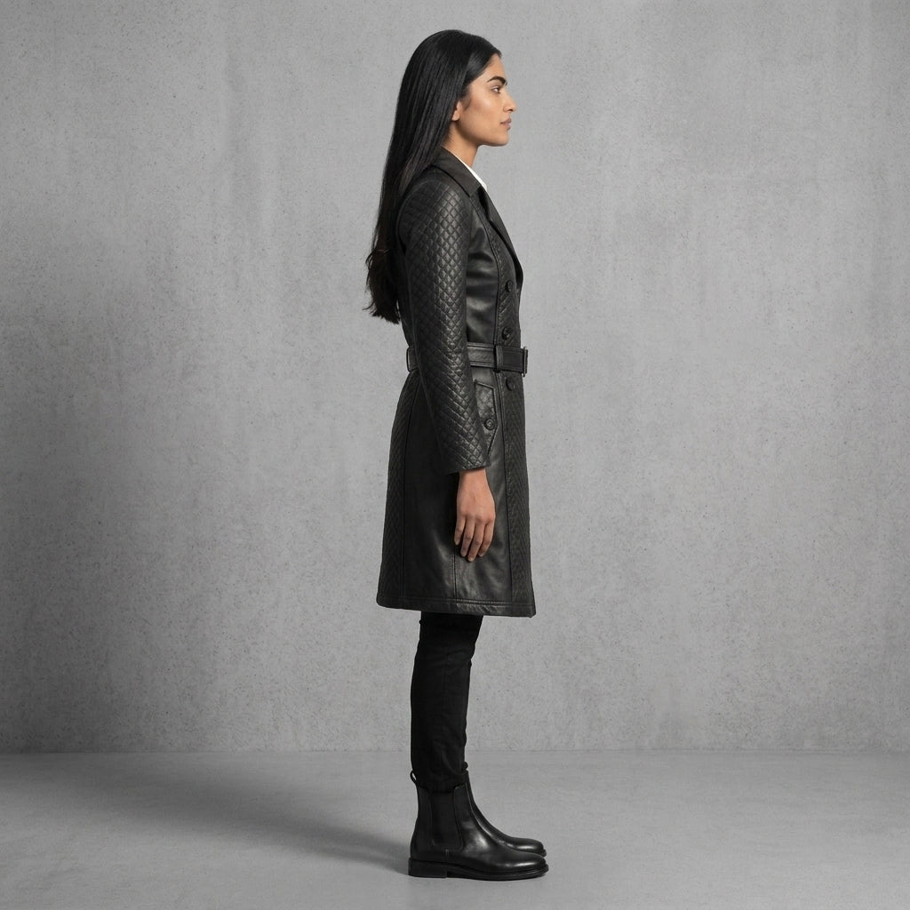Women's Black Leather Trench Coat - Left