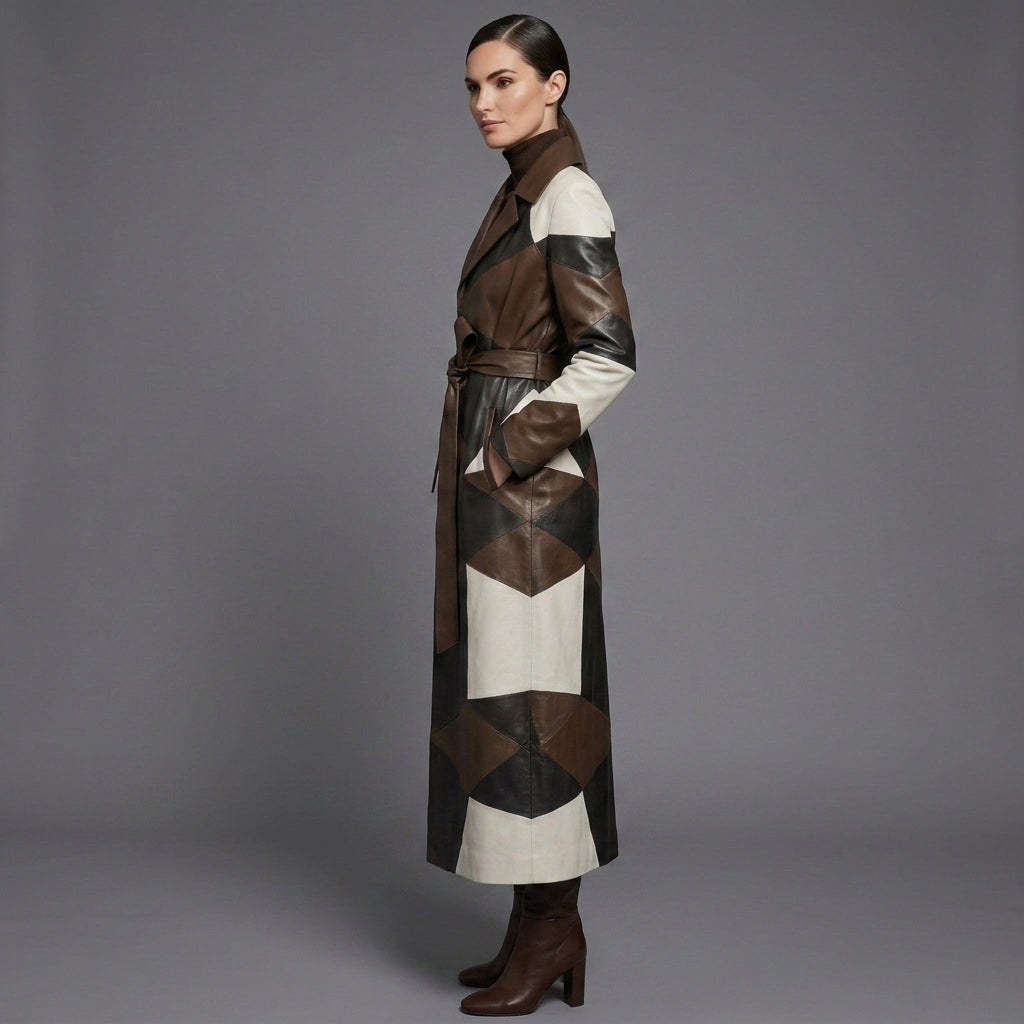 Women's Lambskin Leather Over Coat Patchwork - Left