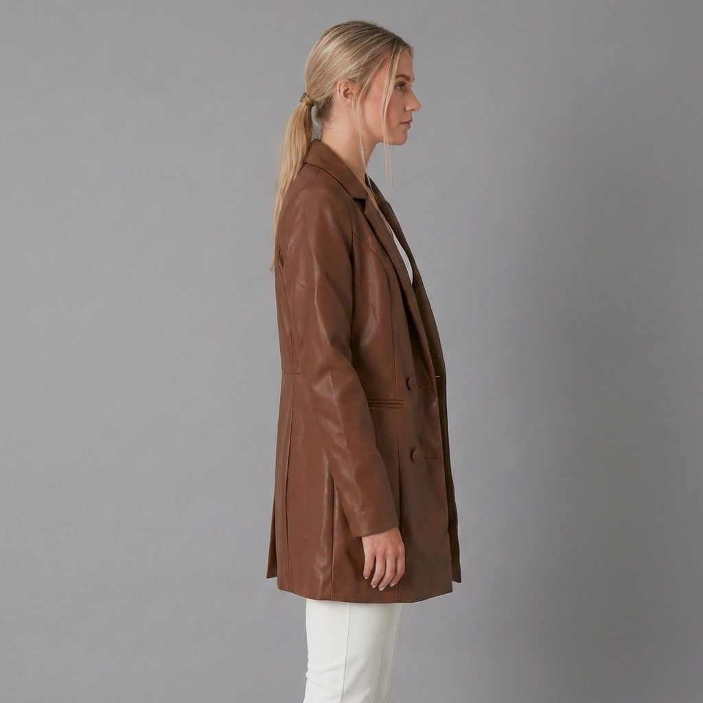 Brown Lambskin Leather Long Coat - Left
