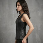 Women's Vintage Black Leather Vest - Left