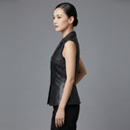 Women's Black Casual Leather Vest - Left