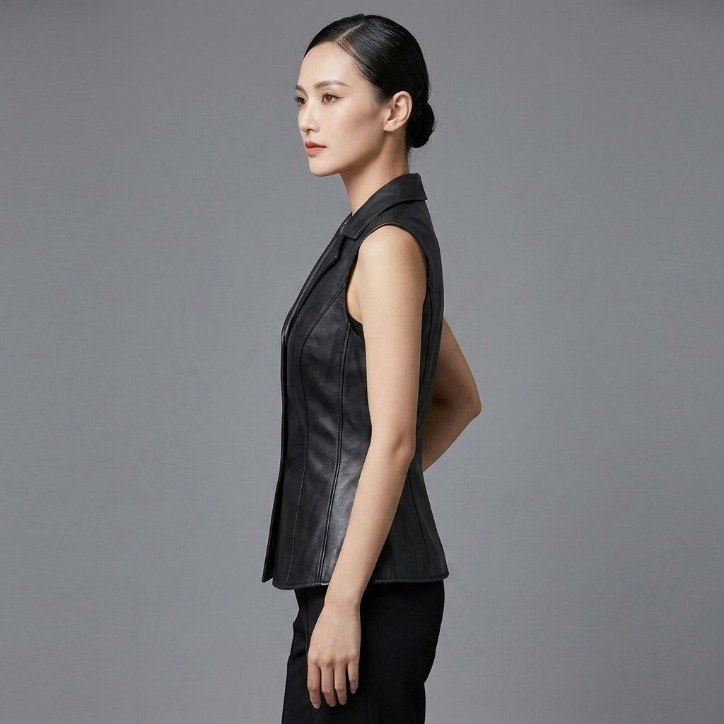 Women's Black Casual Leather Vest - Left