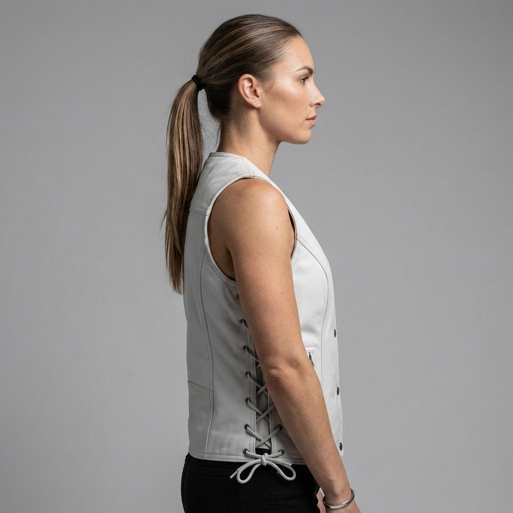 Women's White Motorcycle Leather Vest - Left