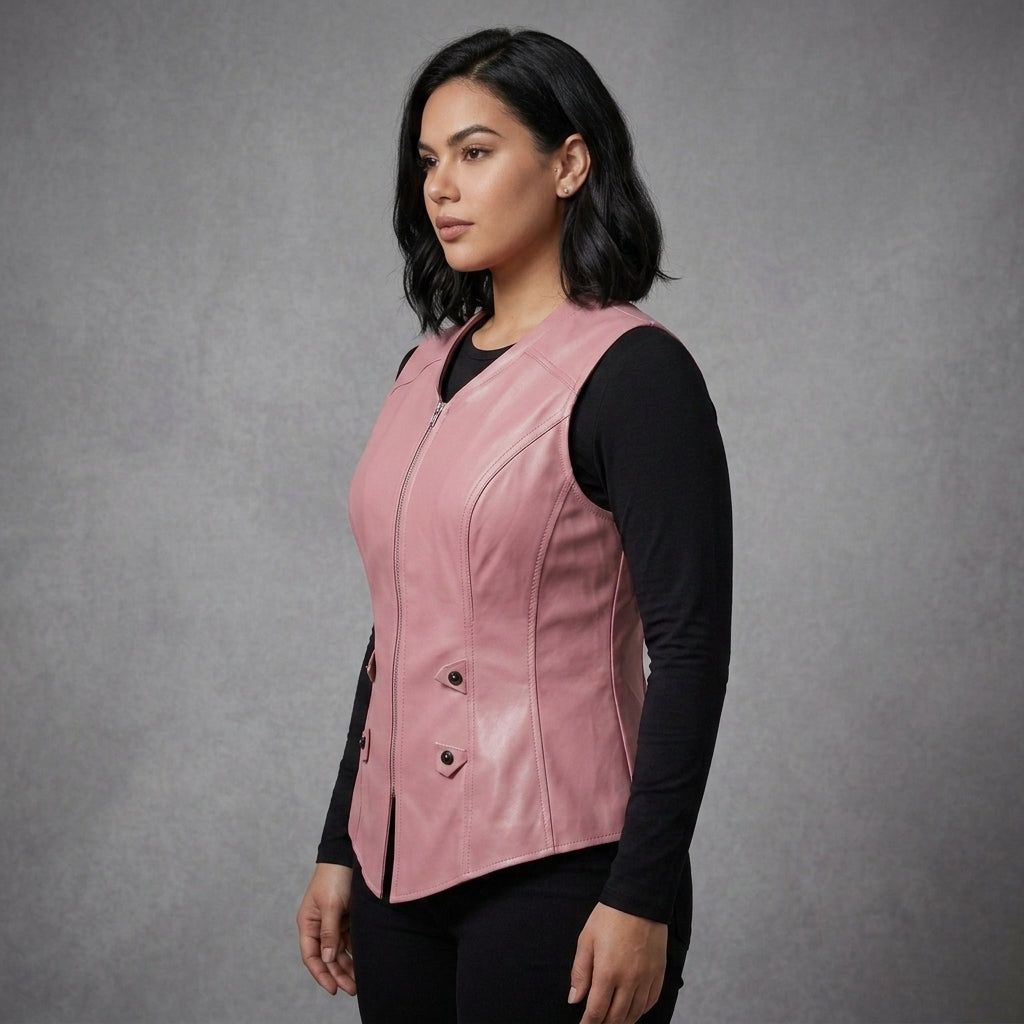Women's Baby Pink Leather Vest - Left