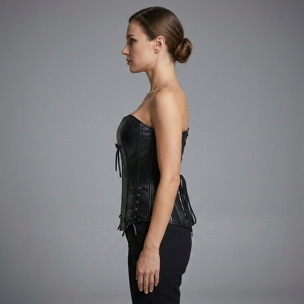Women's Black PU Leather Corset - Left
