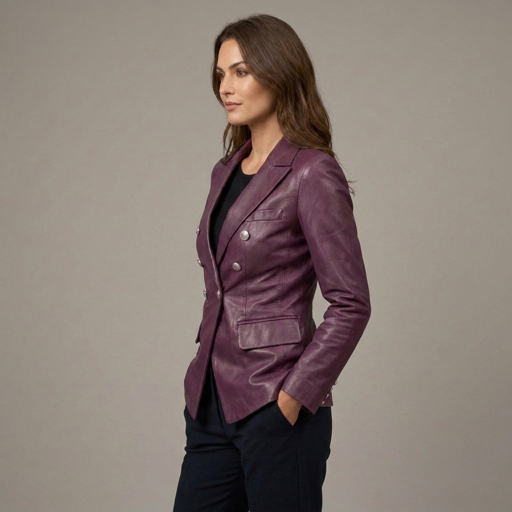 Brown Lambskin Leather Long Coat - Left