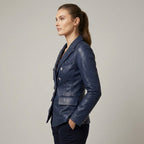 Women's Double Breasted Brown Leather Blazer - Left