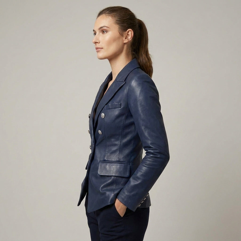 Women's Double Breasted Brown Leather Blazer - Left