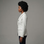 Women's Double Breasted Blue Leather Blazer - Left