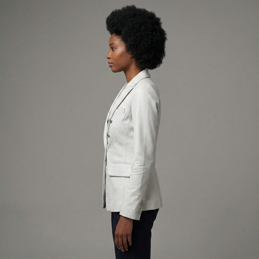Women's Double Breasted Blue Leather Blazer - Left