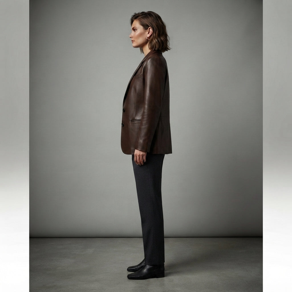 Women's Brown Leather Blazer - Left
