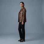 Women's Double Breasted Leather Blazer - Left