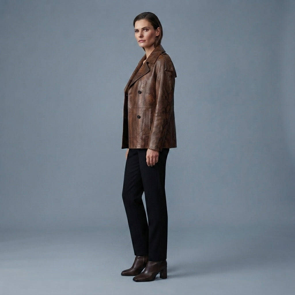 Women's Double Breasted Leather Blazer - Left