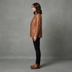 Women's Brown Leather Blazer Jacket - Left