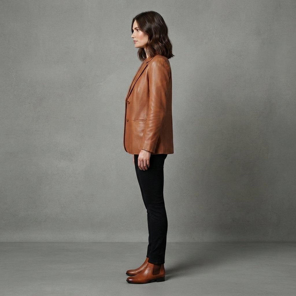Women's Brown Leather Blazer Jacket - Left