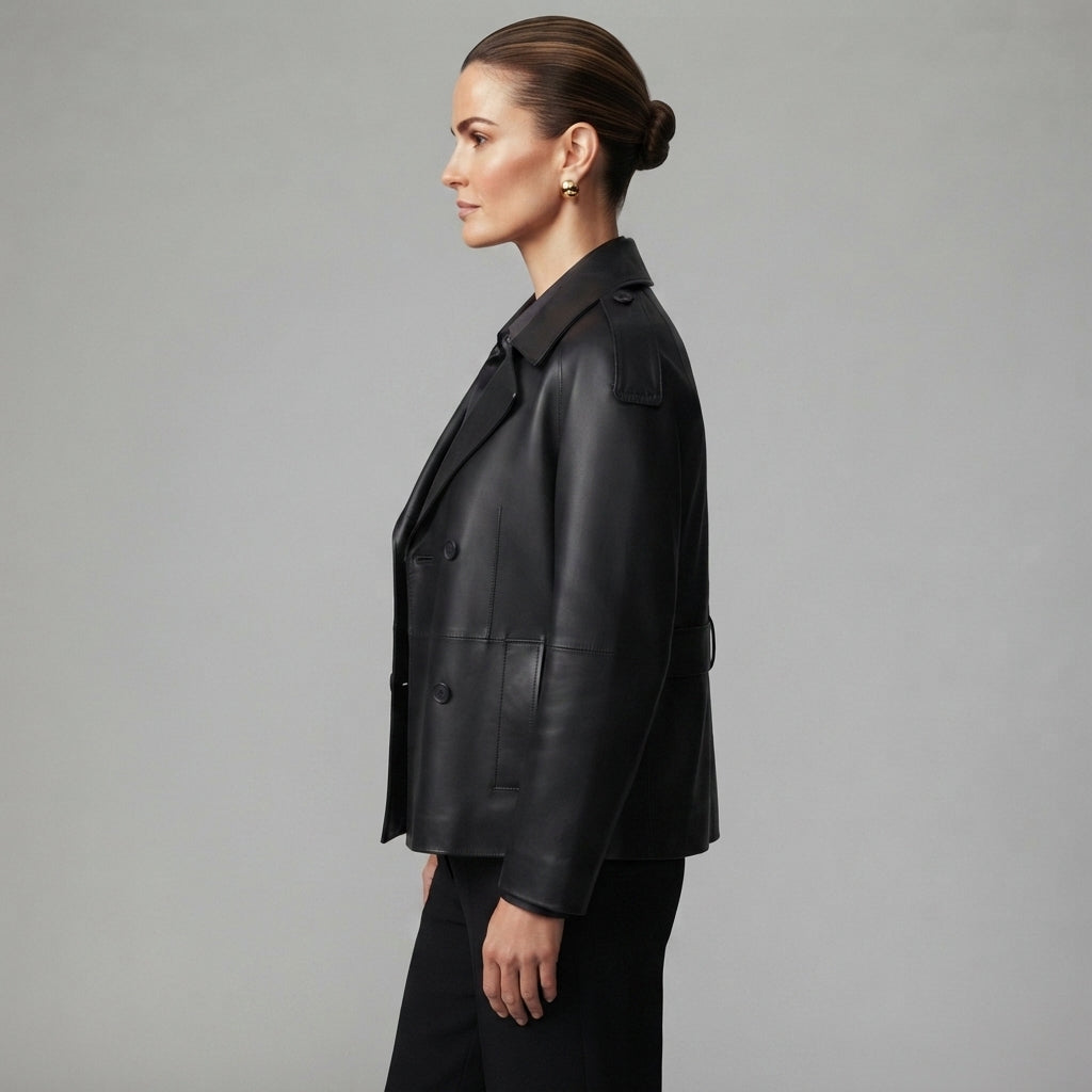 Women's Stylish Black Leather Blazer - Left