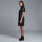 Women's Black Leather Front Zip Shirt Collar Dress - Left