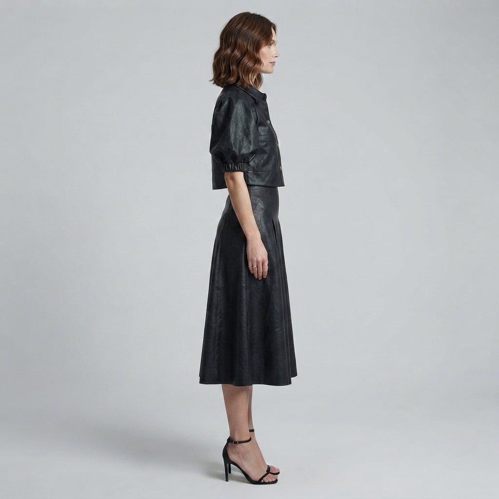 Women's Black Leather Party Dress - Left