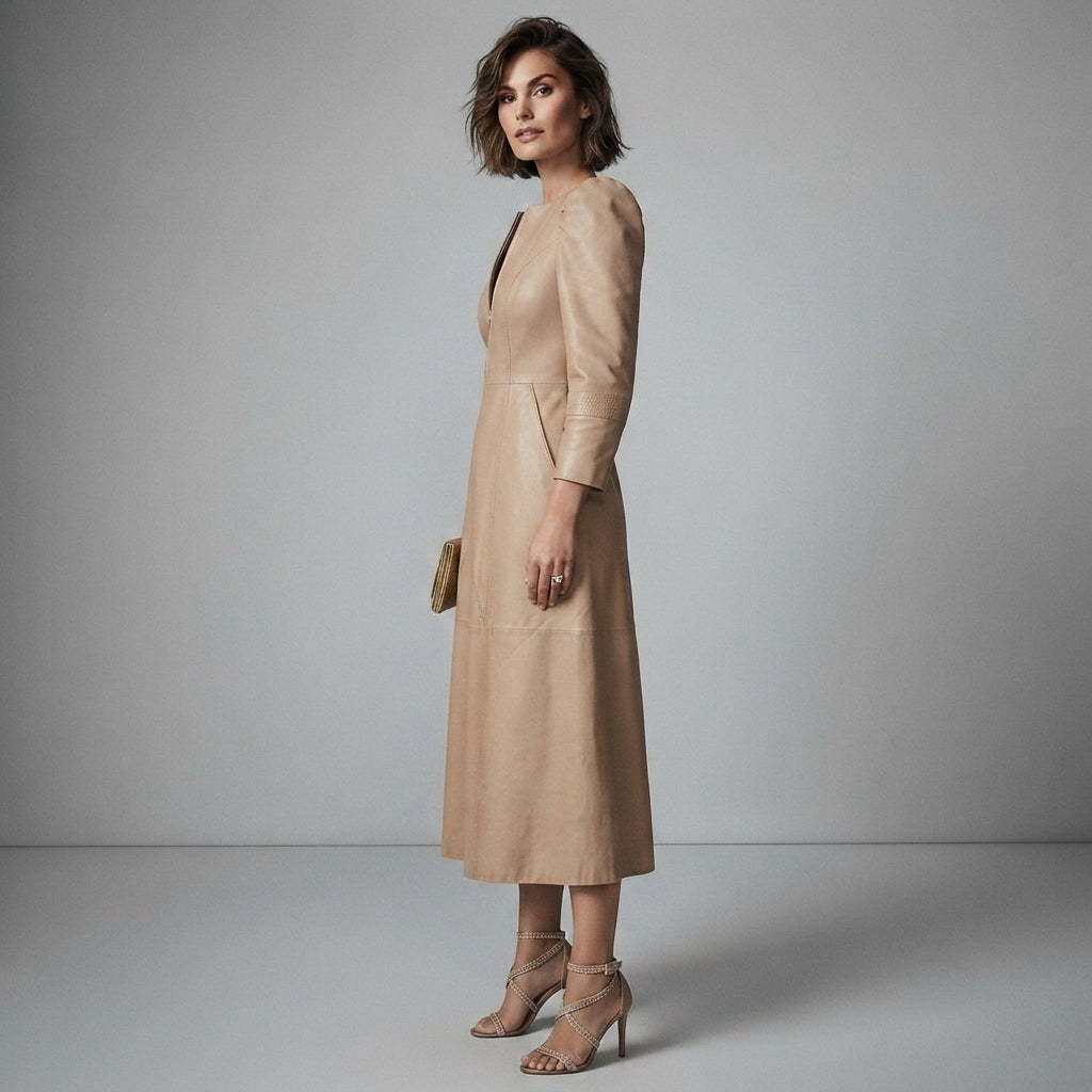 Women's Vintage V-Neck Leather Dress - Left
