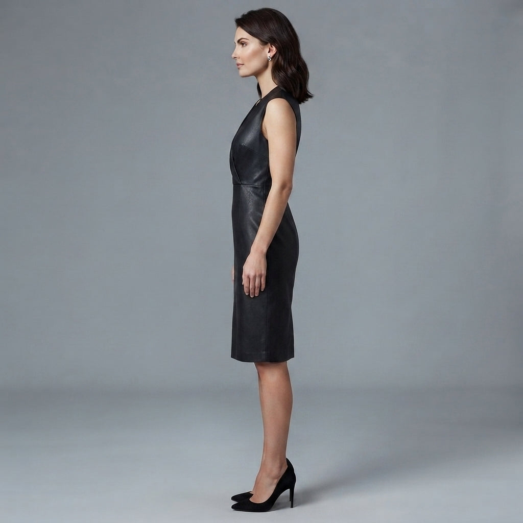 Women's Black PU Leather Sleeveless Dress - Left