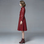 Women's Red Genuine Leather Party Dress Coat - Left