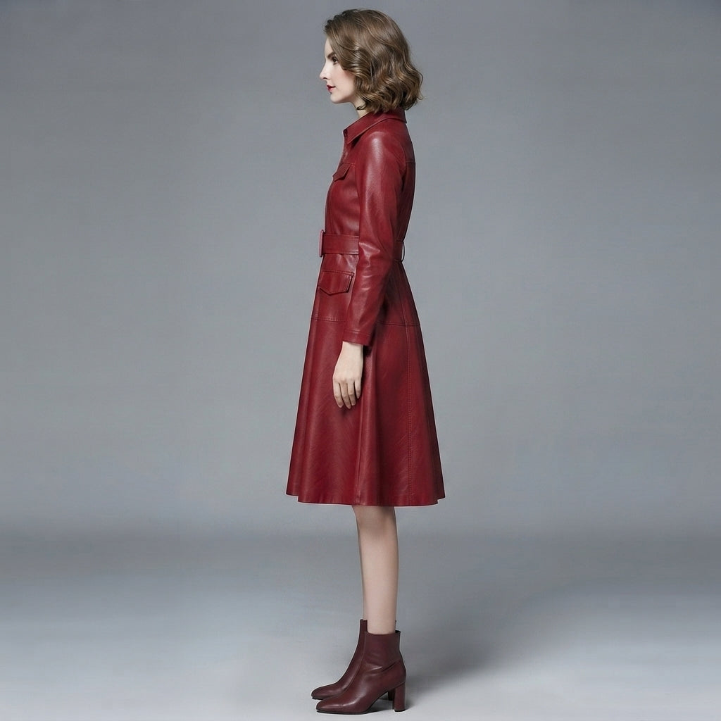 Women's Red Genuine Leather Party Dress Coat - Left