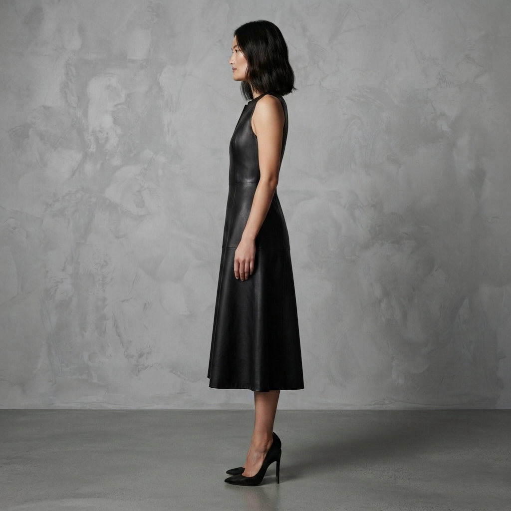 Women's Black Genuine Lambskin Leather Dress - Left