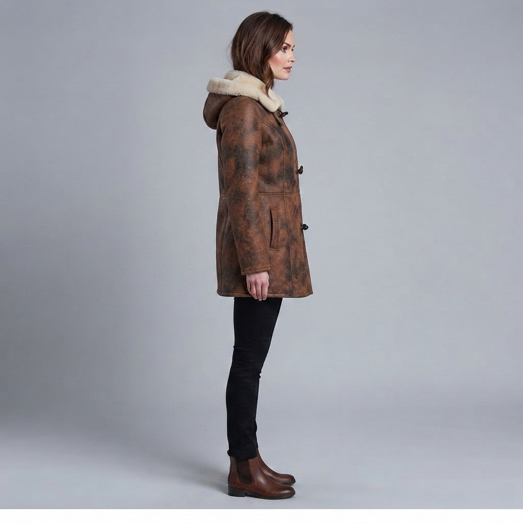 Women's Sheepskin Duffle Coat - Left