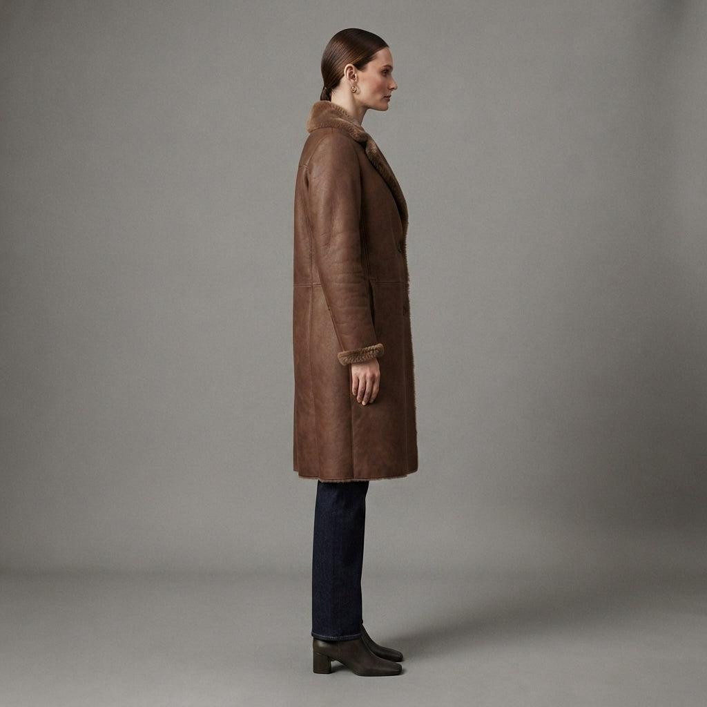 Women's Brown Shearling Coat - Left