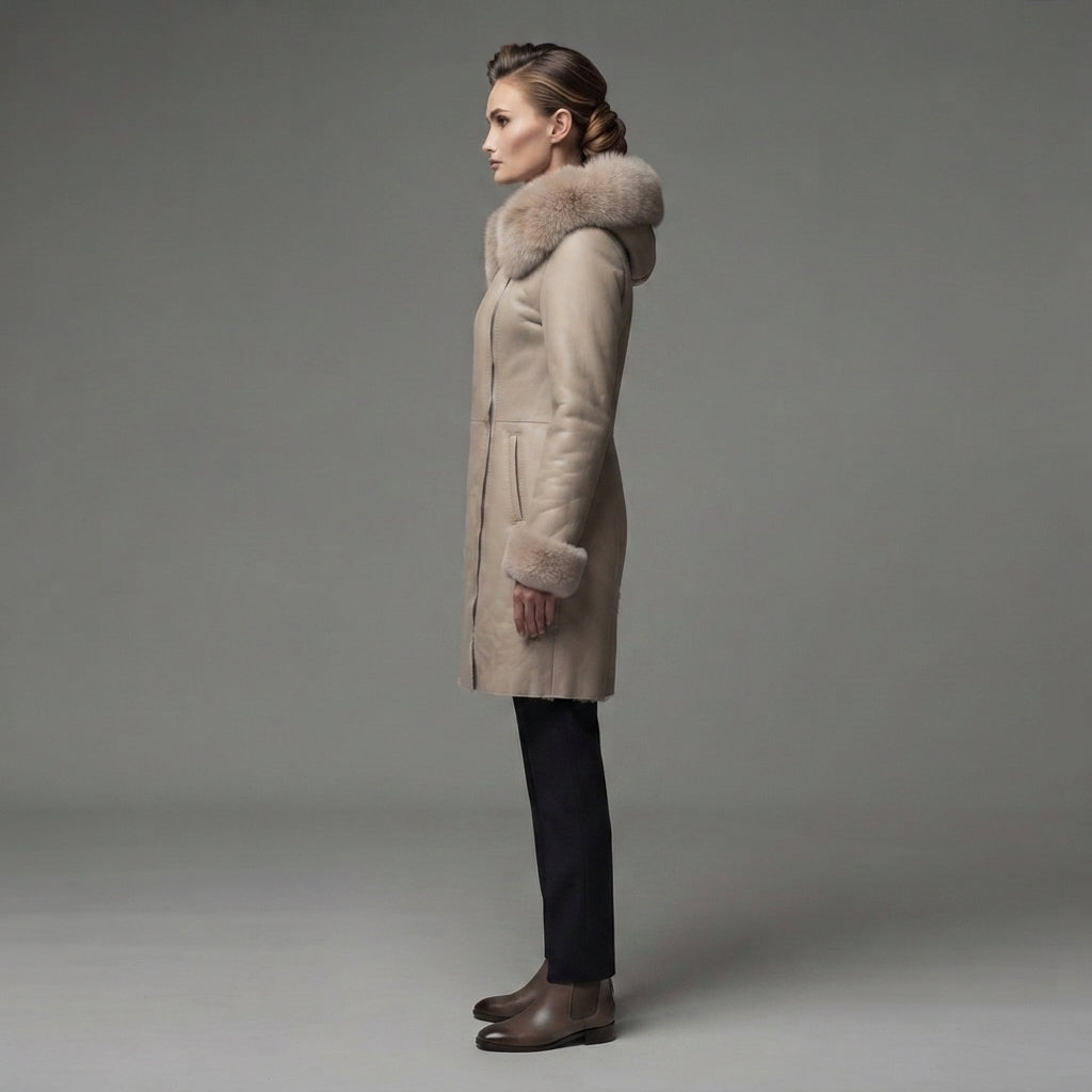 Women's Handmade Shearling Sheep Leather Long Coat - Left