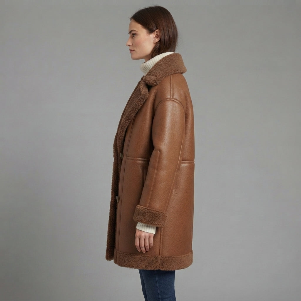 Women's Brown Genuine Lambskin Leather Coat - Left