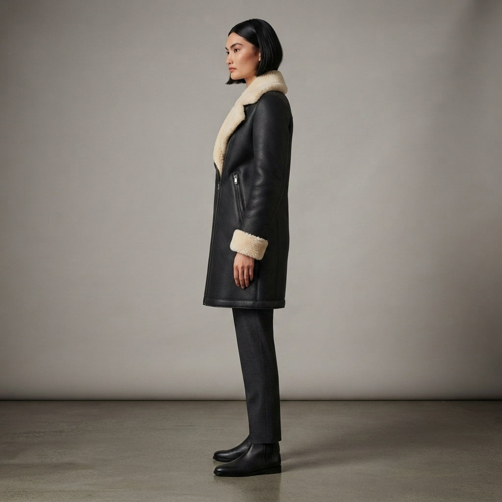 Women's Real Sheepskin Leather Shearling Jacket - Left