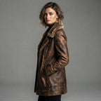 Women's Brown Shearling Real Leather Coat - Left