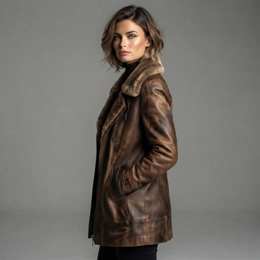 Women's Brown Shearling Real Leather Coat - Left