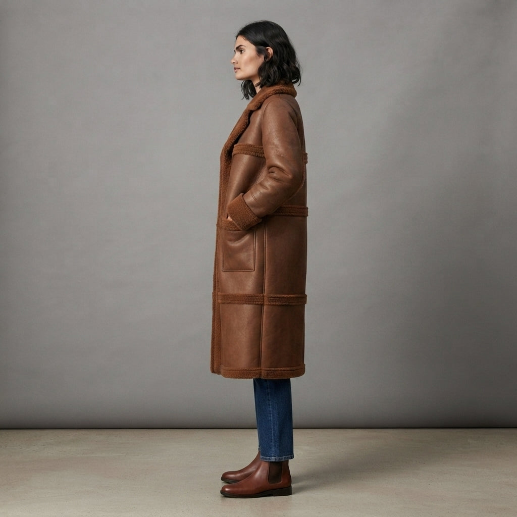 Women's Brown Shearling Leather Coat - Left