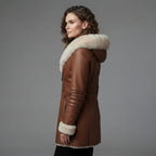 Women's Leather Shearling Coat With Fur Hood - Left