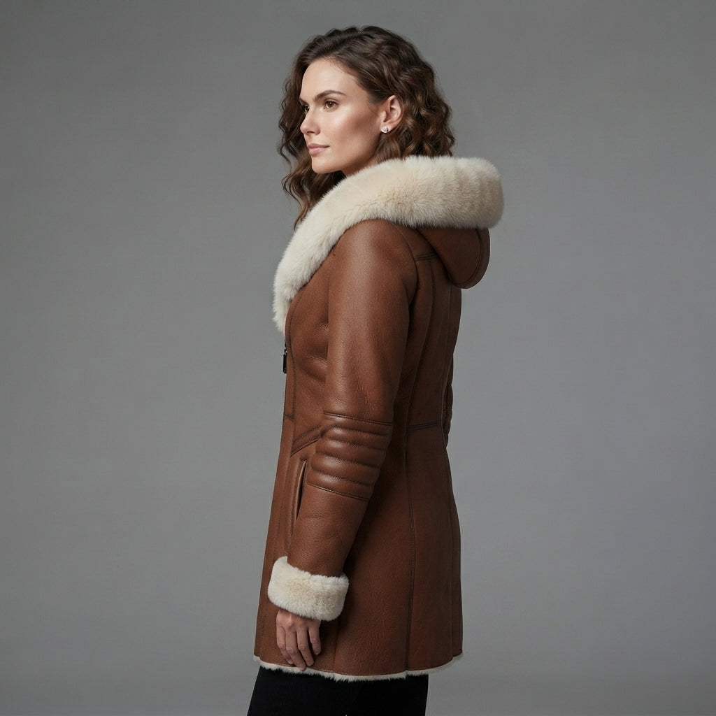 Women's Leather Shearling Coat With Fur Hood - Left