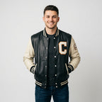 Men's Black Varsity Jacket With Leather Sleeves
