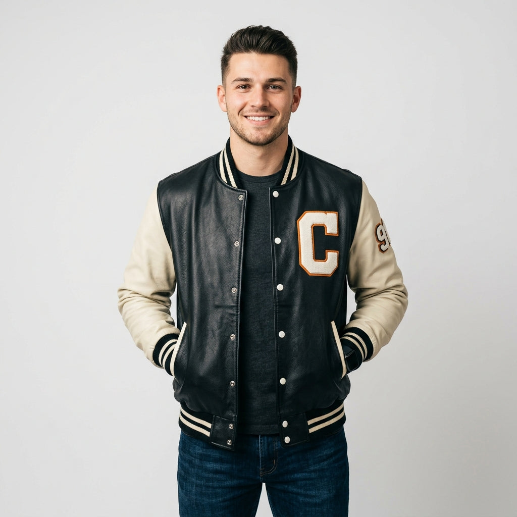 Men's Black Varsity Jacket With Leather Sleeves