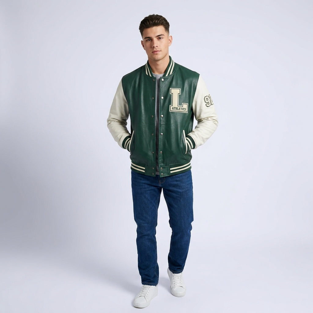 Men's  Varsity Baseball Jacket with Snap Front and Patches