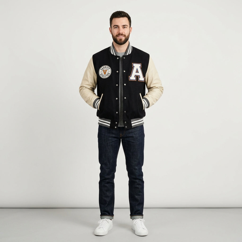 Faux Leather Outer Shell Men's Varsity Jacket