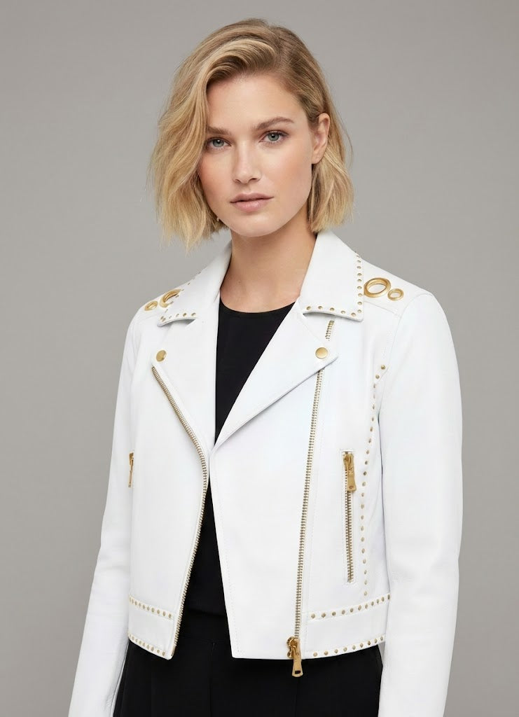 Women's White Studded Leather Jacket - Front