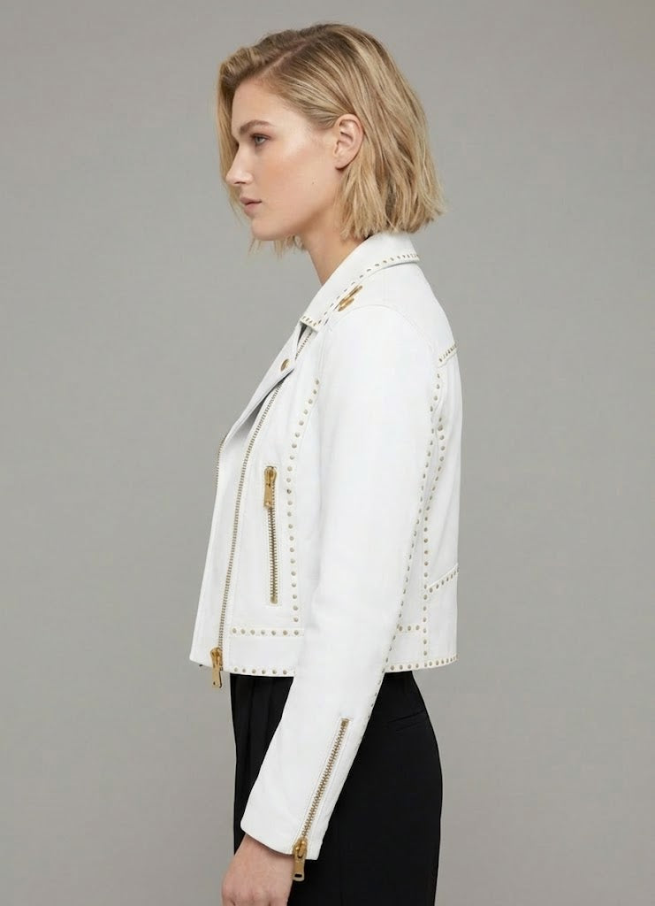 Women's White Studded Leather Jacket - Back