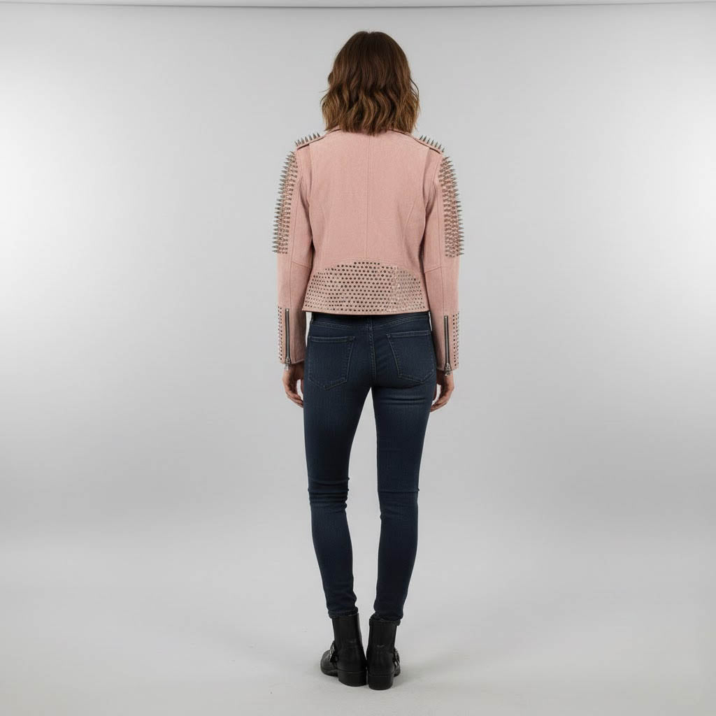Women's Pink Studded Moto Leather Jacket - Back