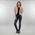 Women's Pink Studded Moto Leather Jacket - Front